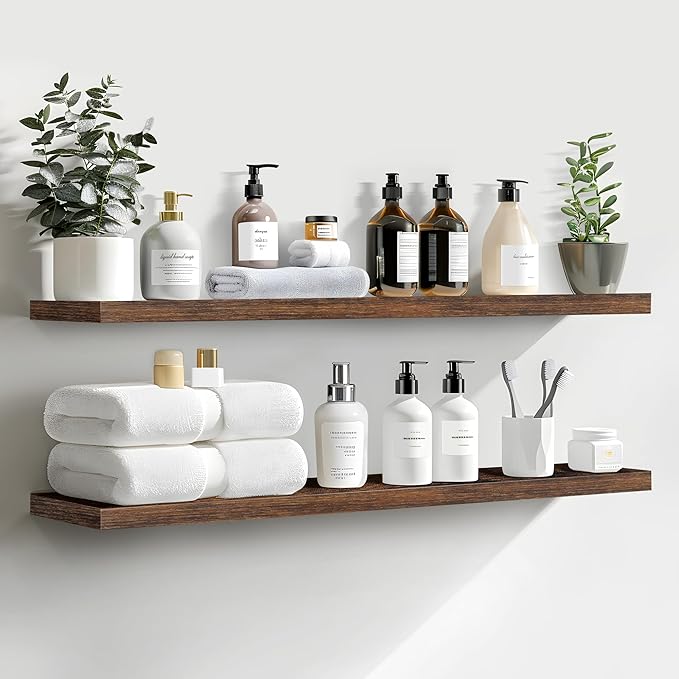 LaVie Home Floating Shelves, 36 Inch Wall Shelf Set of 2, Hanging Shelf with Invisible Brackets, Wall Decor for Bathroom, Bedroom, Living Room, Kitchen Storage, Rustic Brown