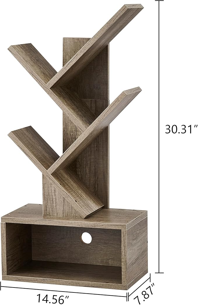 Hoctieon 3 Tier Tree Bookshelf, Modern Bookcase with Drawer, Freestanding Book shelf, Display Floor Standing Storage Shelf, Book Organizer Shelves for Home Office, Living Room, Bedroom, Greige