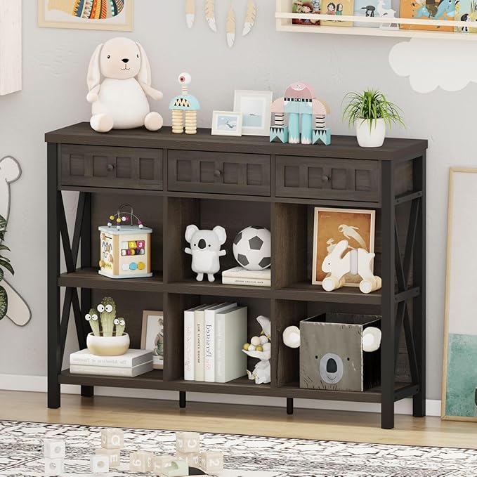 FATORRI Rustic 6 Cube Storage Organizer Shelf with 3 Drawers, Long Horizontal Bookshelf, Industrial Wood and Metal Cubby Bookcase (Walnut Brown, 47 Inch)