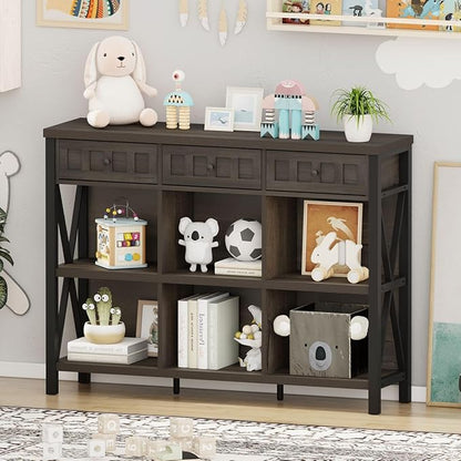FATORRI Rustic 6 Cube Storage Organizer Shelf with 3 Drawers, Long Horizontal Bookshelf, Industrial Wood and Metal Cubby Bookcase (Walnut Brown, 47 Inch)