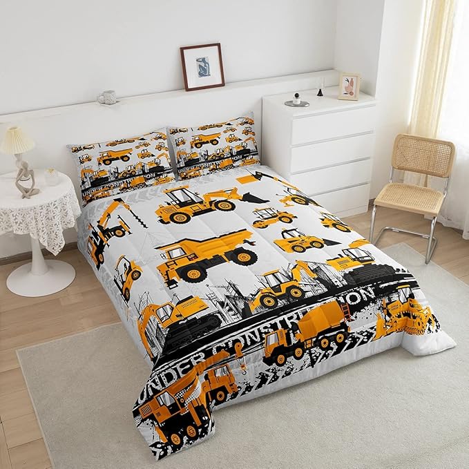 Feelyou Under Construction Comforter Set Vehicles Truck Car Bedding Set for Kids Boys Girls Children Cartoon Excavator Comforter Room Decor Machinery Bulldozer Crane Duvet Set Twin Size
