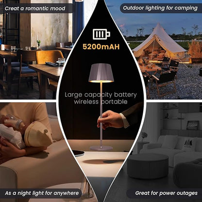 Modern LED Cordless Table Lamp,5200mAh Rechargeable Desk Lamp with Stepless Dimming, Touch Waterproof Night Light for Bedroom Outdoor Bar RV Kitchen (Purplish-Brown, 3000K, Warm White)