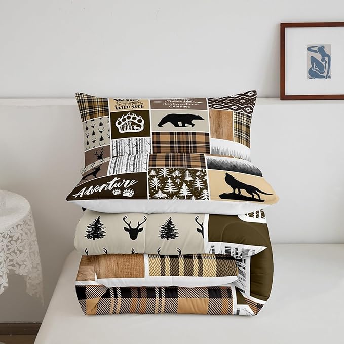 Rustic Farmhouse Kids Comforter Set Twin Size,Deer Antlers Bear Paws Plaids Patchwork Bedding Set for Boys Girls Adults Room Decor,Pine Trees Xmas Down Comforter,Brown Duvet Insert,1 Pillowcase