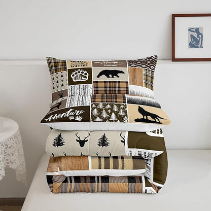 Rustic Farmhouse Kids Comforter Set Full Size,Deer Antlers Bear Paws Plaids Patchwork Bedding Set for Boys Girls Adults Room Decor,Pine Trees Xmas Down Comforter,Brown Duvet Insert,2 Pillowcases