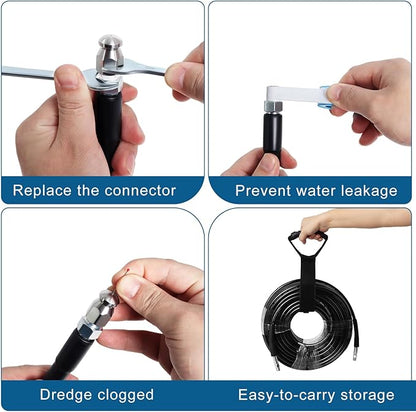 150FT Sewer Jetter Kit for Pressure Washer, 5800PSI Drain Cleaner Hose 1/4 Inch NPT Corner with 4 Sewer Jetting Nozzles，Waterproof Tape，Pearl Corsage Pin，Handle Strap & 2 Spanners (Black)