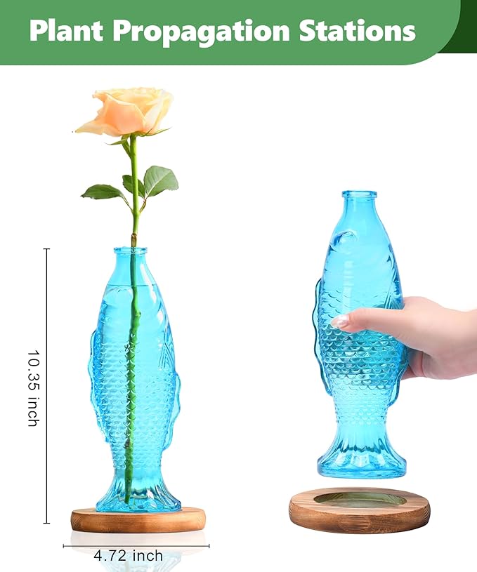 Nacome Fish Vase Glass Plant Terrarium with Wooden Stand,Planter Propagation Station for Home Office Hydroponics Desk Decoration,Unique Gardening Gifts for Plant Lovers Women Mom(Blue)