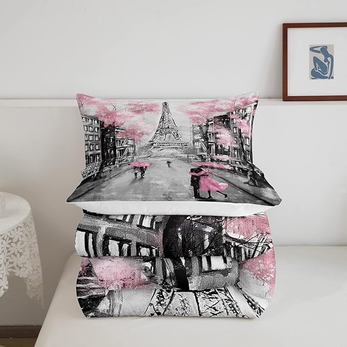 Paris Bedding Set Full Size Pink and Grey Eiffel Tower Comforter Set for Teens Girls Bedroom Decor Watercolor Cherry Blossoms Comforter Couple Retro Gray Building Quilt Comforter 2 Pillow Cases