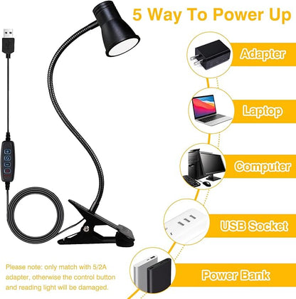 Clip on Light Reading for Bed LED Desk Lights 3 Color Modes 10 Brightness USB Lamp Eye Care 360° Flexible Gooseneck Dimmable for Headboard Computer Read Books Task Lamps with Adapter Bookmark(Black)
