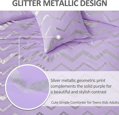Purple/Silver Comforter Set Twin, Lavender Metallic Print Glitter Bedding Set Cute Shinny Lilac Bed Sets for Teen Girls Kids Women, 3 Piece (1 Pillowcase, 1 Decorative Pillow Sham)