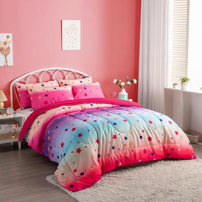 Full Comforter Set for Girls Rainbow Bedding Set 3 Pieces with Multicolor Stars Pink Comforter Set Full Size with Pillowcase for Kids, Teenagers