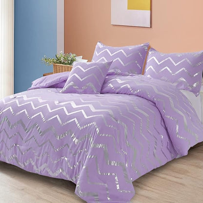 Purple/Silver Comforter Set King, Lavender Metallic Print Glitter Bedding Set Cute Shinny Lilac Bed Sets for Teen Girls Kids Women, 4 Piece (2 Pillowcases, 1 Decorative Pillow Sham)