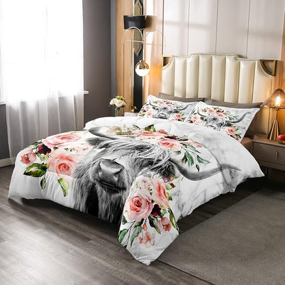 Erosebridal Highland Cow Flower Comforter Set Twin Size Bull Cattle Bedding Set Western Funny Animal Bedding Set Wildlife Farmhouse Cow Quilt Set Rose Grey Marble Comforter Set