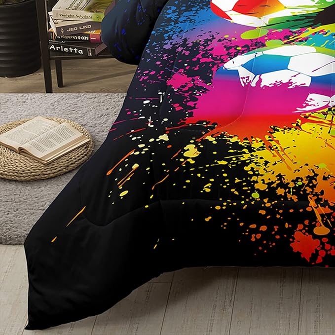Bodhi Boys Sports Bedding Set Twin Size,Rainbow Graffiti Soccer Comforter Set Twin,Football Comforter Set for Boys,Kids,Teens with Matching Pillowcases,Teen Kids Comforter Set Twin