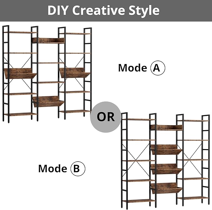 IRONCK Bookcases and Bookshelves Triple Wide 5 Tiers Industrial Bookshelf, Large Etagere Bookshelf Open Record Player Shelves with Metal Frame for Living Room Home Office