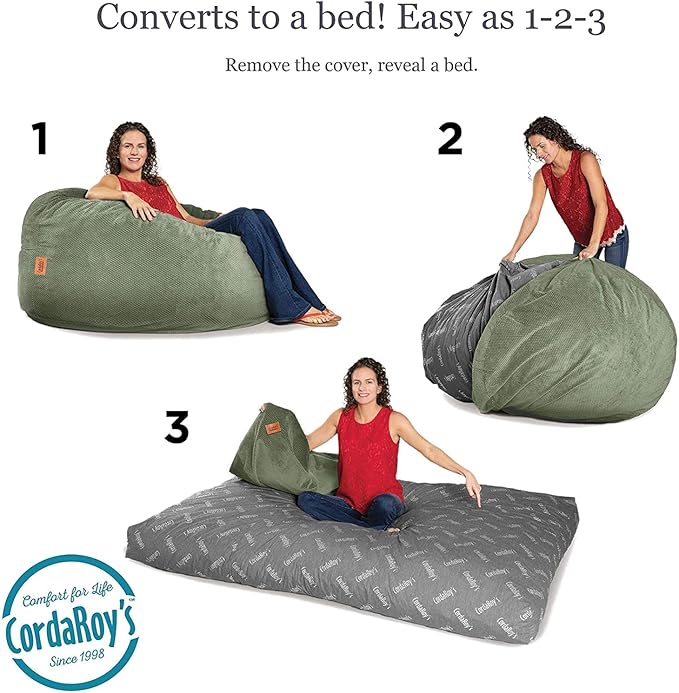 CordaRoy's Chenille Bean Bag Chair, Convertible Chair Folds from Bean Bag to Lounger, As Seen on Shark Tank, Moss - King Size