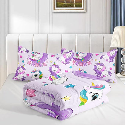 Axolotl Purple Unicorn Comforter Set Queen Size,Girls Bedding Set,Cute Unicorn Rainbow Bedding Set with Stars for Kids Girls Teens Adults Women,1 Comforter with 2 Pillowcase Unicorn Gifts for Girls