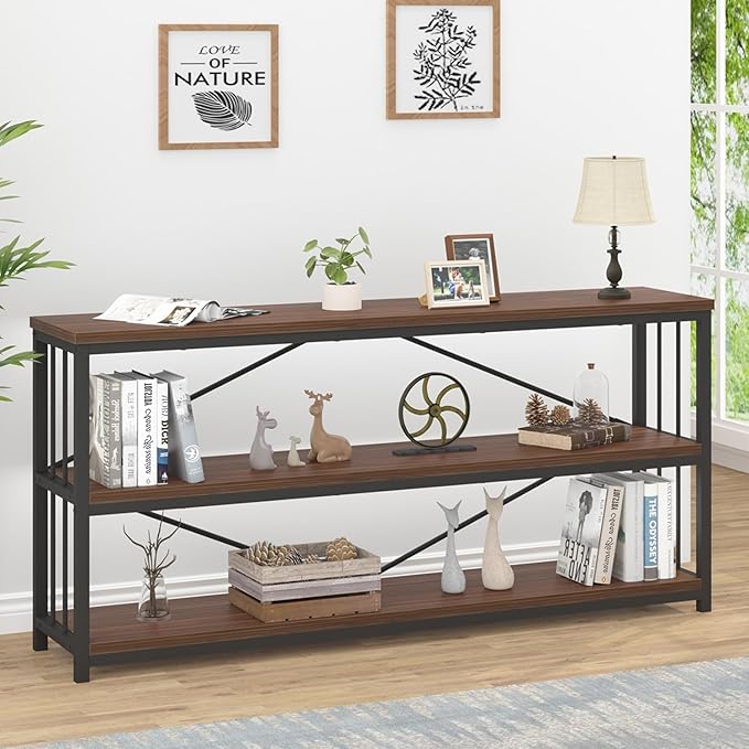 IBF Walnut Low Wide Bookcase, Vintage 63 Inch Long 3 Tier Open Book Shelf, Farmhouse Big Wood Metal sturdy Bookshelf Display Case, Simple Large Etagere Bookshelves for Home Living Room Office Bedroom