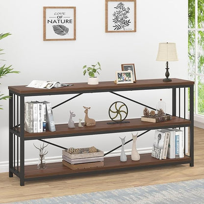 IBF Walnut Low Wide Bookcase, Vintage 63 Inch Long 3 Tier Open Book Shelf, Farmhouse Big Wood Metal sturdy Bookshelf Display Case, Simple Large Etagere Bookshelves for Home Living Room Office Bedroom