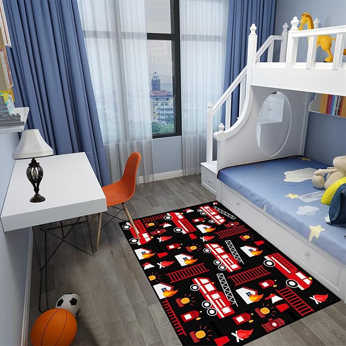 Car Play Rug Fire Fighting Truck Area Rug Car Rug Play Mat Kids Rugs for Playroomcar Rug for Boys Room Carpet Floor Mat for Bedroom Living Room,Black 3'×4'