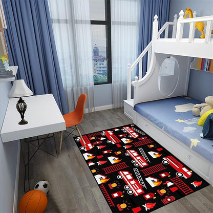 Car Play Rug Fire Fighting Truck Area Rug Car Rug Play Mat Kids Rugs for Playroomcar Rug for Boys Room Carpet Floor Mat for Bedroom Living Room,Black 4'5''×6'
