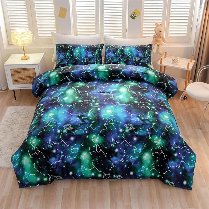 Holawakaka Tie Dye Constellation Print Ombre Comforter Set Twin Size Girls Boys Gradient Galaxy Bedding Set (Black Green,Twin)