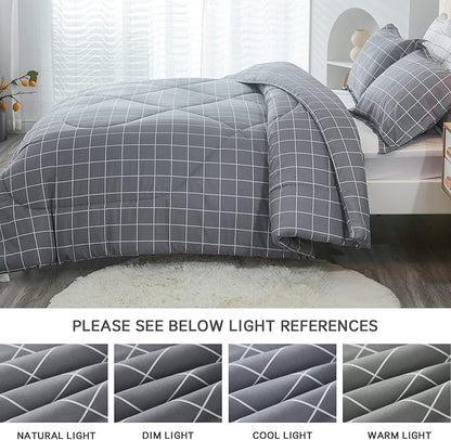 Andency Grey Grid Comforter Set Full Size (79x90 inch), 3 Pieces (1 Grey Comforter and 2 Pillowcases), Summer Lightweight Microfiber Down Alternative Bedding Comforter Sets with White Lines