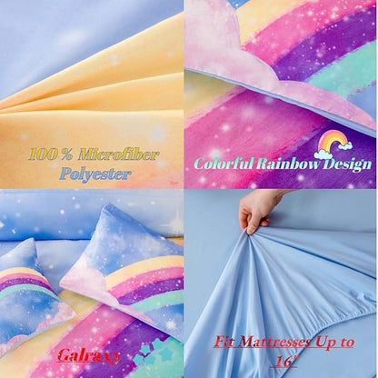 Blue Girls Bedding Set Twin, 6Pcs Colorful Rainbow Kids Comforter Set for Girls, 3D Gradient Glitter Bed in A Bag with Comforter, Sheets and Pillowcases for Teens