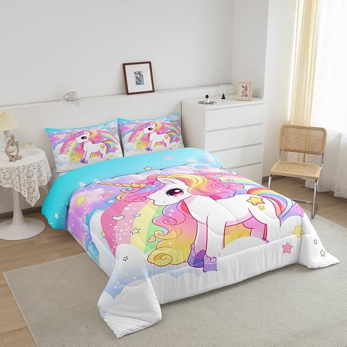 Manfei Cute Unicorn Kids Comforter Set Queen Size,Rainbow Stars Cloud Dreamy Bedding Set,Girls Women Room Decor,Cartoon Animals Castle Girly Down Comforter,Pink Blue Unique Duvet Insert,2 Pillowcases