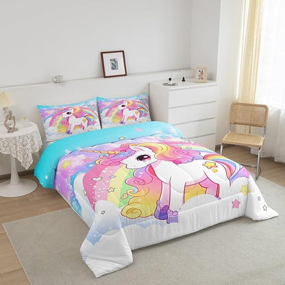 Manfei Cute Unicorn Kids Comforter Set Queen Size,Rainbow Stars Cloud Dreamy Bedding Set,Girls Women Room Decor,Cartoon Animals Castle Girly Down Comforter,Pink Blue Unique Duvet Insert,2 Pillowcases