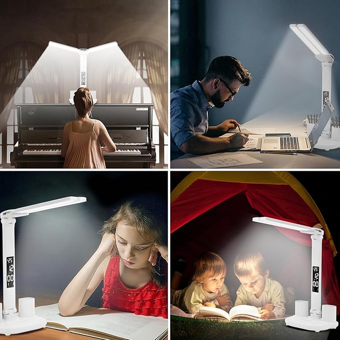LED Desk Lamp Light with 2 Pen Holders, Time, Date, Temperature Display, Dimmable, 3 Color Modes, Touch Control, Foldable,Eye-Caring Table Lamp for Office Home Reading Study