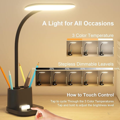 DEEPLITE Desk Lamp,Desk Light for Home Office,Battery Operated,Rechargeable,Pen Holder,800LM 3 Colors Dimmable Adjustable Study Lamp,Cordless Reading Lamps for Dorm Bedrooms.