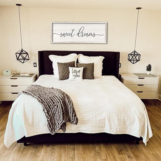 Sweet Dreams Wall Decor Above Bed 32''×12'' Master Bedroom Large Sweet Dreams Sign Farmhouse Wall Decor Guest Room Wood Rustic Framed Wall Art Hanging Decoration (White)