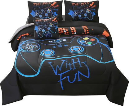 JQinHome Full Gaming Comforter Sets for Boys,6 Piece Bed in A Bag 3D Video Game Bedding -All Season Soft Microfiber Gamer Bedding Sets for Kids,Pillowcase, Flat Sheet, Fitted Sheet,Cushion Cover