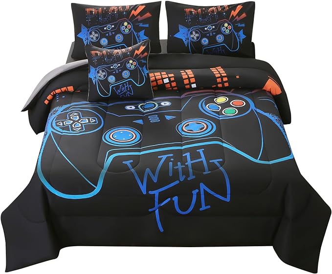 JQinHome Twin Gaming Comforter Sets for Boys,6 Piece Bed in A Bag 3D Video Game Bedding -All Season Soft Microfiber Gamer Bedding Sets for Kids, Pillowcase, Flat Sheet, Fitted Sheet,Cushion Cover