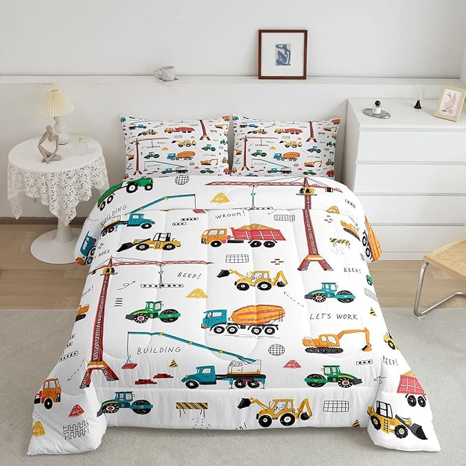 Feelyou Heavy Machinery Truck Bedding Set Tractor Crane Comforter Set for Kids Boys Girls Youth Construction Site Comforter Nursery Decor Quilt Set Room 3Pcs Queen Size