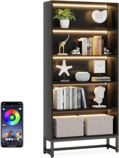 Tribesigns Tall Bookcase Black Bookshelf, 70.8” Large Bookcases Organizer with LED Lights, Heavy Duty Free-Standing Library Bookshelf with 5-Tier Storage Shelves for Living Room, Bedroom (Black)
