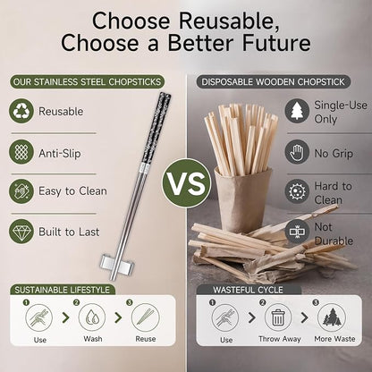 JEETEE Metal Chopsticks, 2 Pairs Stainless Steel with Holder | Titanium Coated, Anti-Slip Design, Reusable,Dishwasher Safe, for Sushi, for Ramen, for Camping, for Party