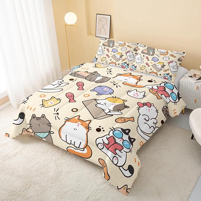 Kawaii Cat Comforter Twin,Kawaii Animals Comforter Set for Kids Teens Girls,3Pcs Bedding Set Printed Comforter with 2 Pillowcases,Down Alternative,Soft and Lightweight，Twin Size