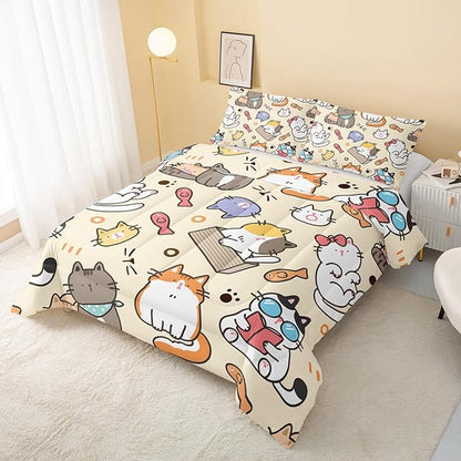 Kawaii Cat Comforter Twin,Kawaii Animals Comforter Set for Kids Teens Girls,3Pcs Bedding Set Printed Comforter with 2 Pillowcases,Down Alternative,Soft and Lightweight，Twin Size