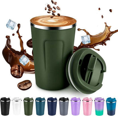 Volhoply 12 oz Double Wall Insulated Vacuum Travel Coffee Mug with Flip Lid,Reusable Stainless Steel Leak Proof Coffee Cup,Portable Cafe Thermal Tumbler Suitable for Hot&Cold Drinks(Army Green,1 Set)