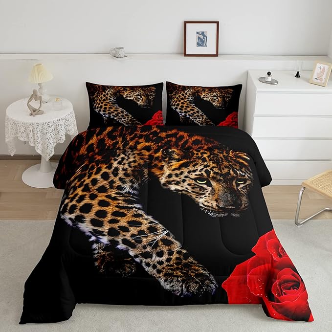Erosebridal Leopard Comforter Set Twin Size,Red Rose Cheetah Bedding Set,Cat Leopard Print Down Comforter, Romantic Floral Quilted Duvet, Safari Animal Quilt Set, Stylish Bedroom Decor, Black