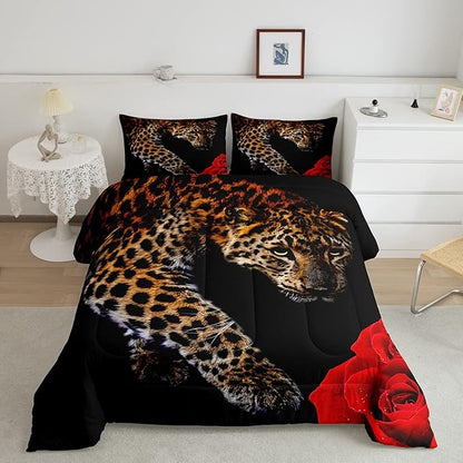 Erosebridal Red Rose Cheetah Comforter Set Full Size Leopard Print Comforter Rose Flower Down Comforter for Kids Boys Girls Youth Men Women African Savanna Wildlife Animal Theme Duvet Set, Red Black