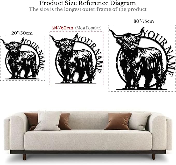 Personalized Highland Cow Name metal Signs,Custom Highland Cow Metal Shed Wall Decor,Black Metal Wall Art Plaques Outdoor wall Decorative Signage (Style G)