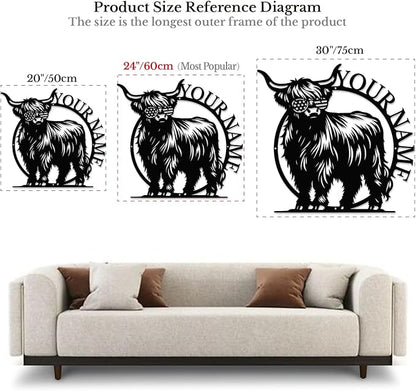 Personalized Highland Cow Name metal Signs,Custom Highland Cow Metal Shed Wall Decor,Black Metal Wall Art Plaques Outdoor wall Decorative Signage (Style G)
