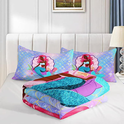 Datura home Bedding Comforter Set Black Girl Magic Mermaid Printed Pattern Quilt with 1 and 2 Pillowcases for Girls Bedroom All Season(Black Blue Twin) Twin 68x86inches