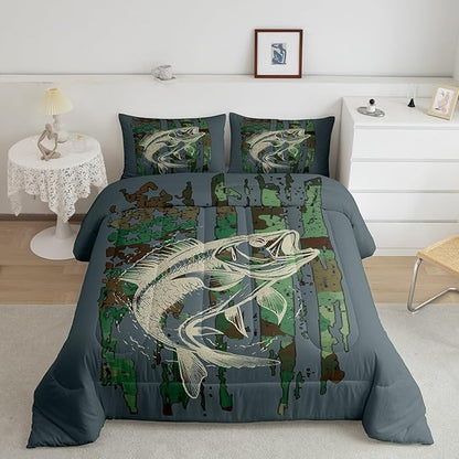 Feelyou Bass Fish Comforter Set King Size Green Camouflage Bedding Set for Fishing Lover Gifts Boys Girls Camo Pike Fish Fishing Comforter Wild Fisherman Bed Set Rustic Cabin Bedroom Decor