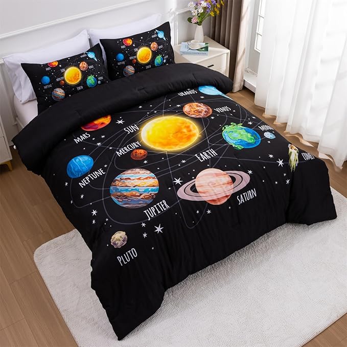 Aimuan Space Comforter Twin Set Kids Rocket Bedding Set Super Soft & Cute Aliens UFO Printed for Boys Girls Teen (Black 1, Full)
