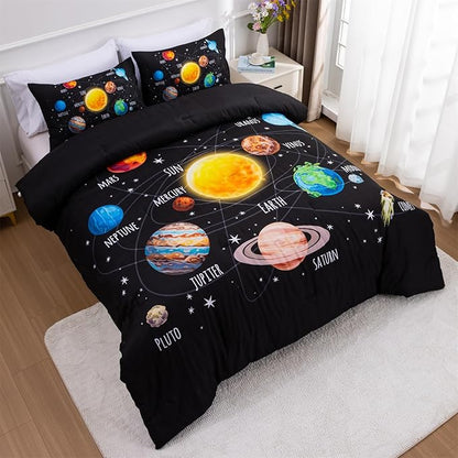 Aimuan Space Comforter Twin Set Kids Rocket Bedding Set Super Soft & Cute Aliens UFO Printed for Boys Girls Teen (Black 1, Twin)