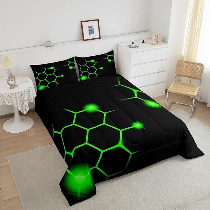 Hexagonal Comforter Set Geometric Honeycomb Bedding Set for Kids Adults Neon Green Black Comforter Modern Hexagon Beehive Quilt Set Ultra Soft Room Decor Queen Size Bedroom Collection 3Pcs