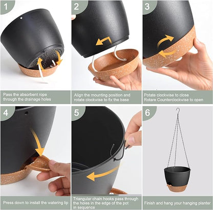 Hanging Planters for Indoor Outdoor Plants, 2 Pack Self Watering Hanging Pot with Drainage Holes & Removable Tray (Black, 8'')